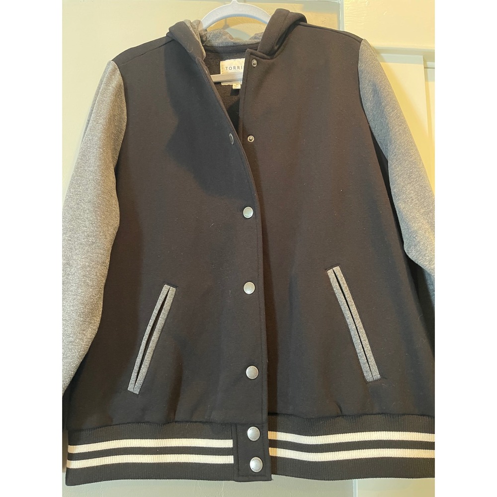 Torrid Womens Plus Size 2 Varsity Bomber Jacket Hooded Snap Front Black Grey - Picture 10 of 15